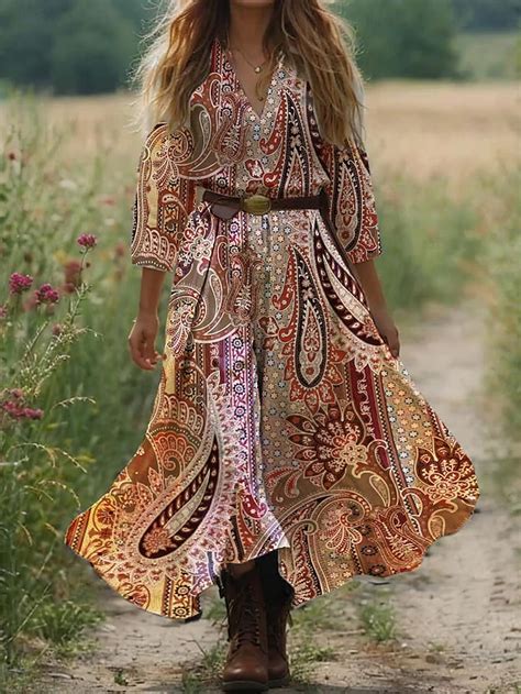 Women's Maxi Dress Boho Dress Western Dress Vintage Sundress Pleated ...