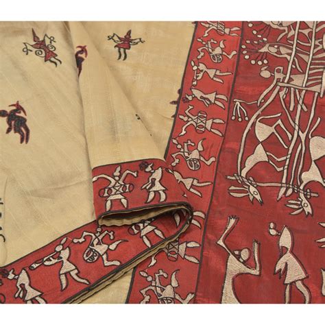 Sanskriti Vintage Red Sarees Art Silk Embroidered Warli Premium Sari S