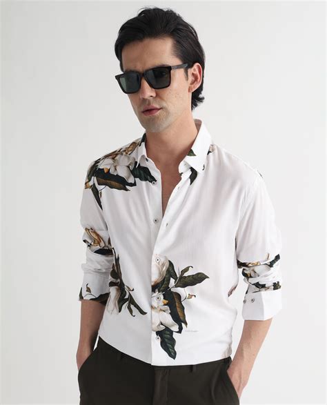 Rare Rabbit Men's Poseidon White Viscose Floral Print Regular Fit Full