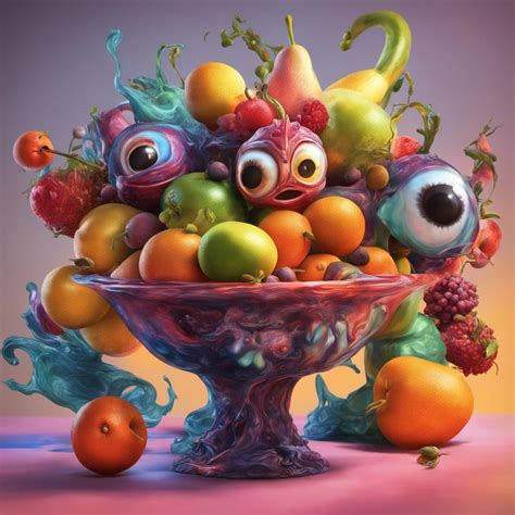 A still-life fruit bowl with colorful and strange alien fruit featuring ...