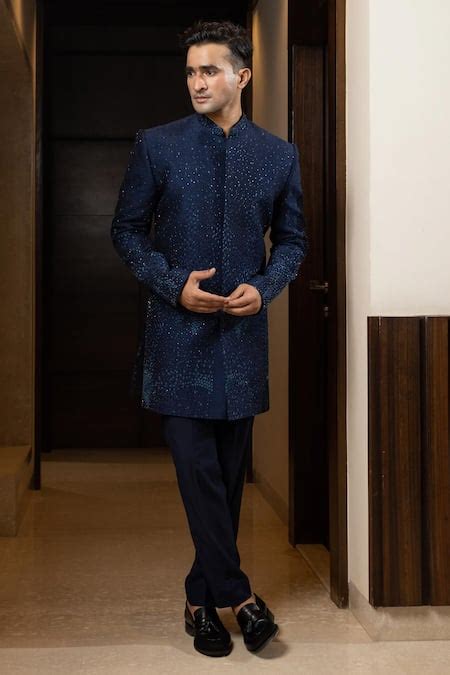 Buy Blue Achkan Bam Silk Embroidered Thread Soiree Cutdana Scatter And ...