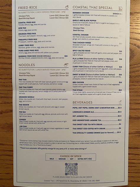 Coastal Thai Menu (Updated August 2025)