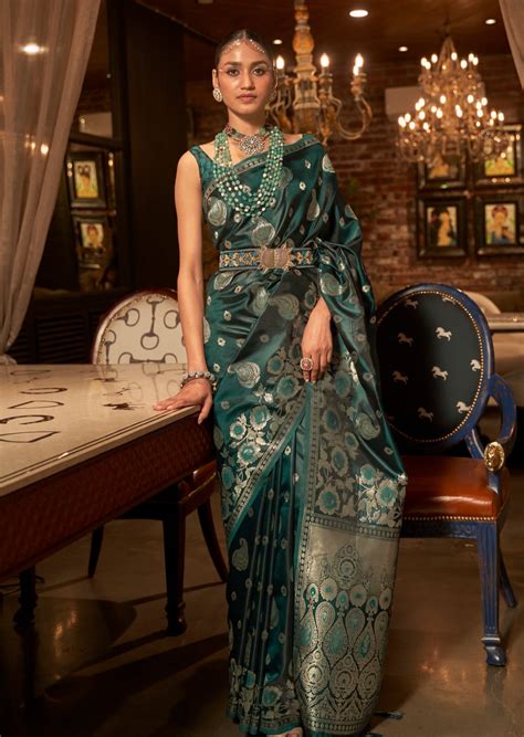 Pure Banarasi Satin Silk Green Handloom Saree Online Shopping India ...