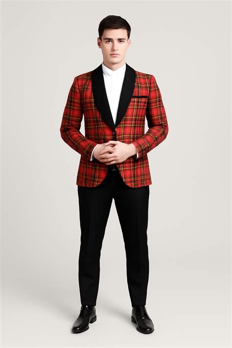 34 Mens Tartan Christmas Plaid Holiday Blazer in Red