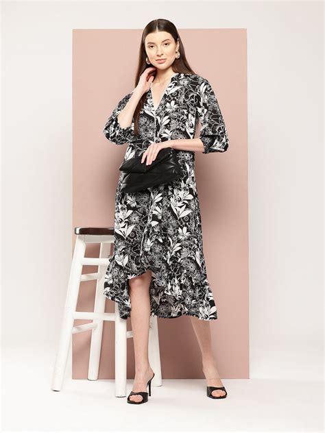 Svarchi Womens Black Cotton Floral Printed A-Line Midi Dress – Svarchi ...