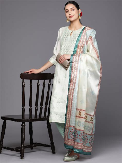 Buy Cream Printed Chanderi Silk Straight Suit Set With Trousers Online ...