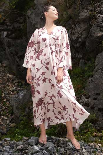 Buy White Velour Embroidery V-neck Shringara Printed Maxi Dress For ...
