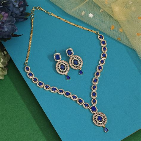 Blue Color American Diamond Necklace Set (CZN976BLU) – Eindiawholesale