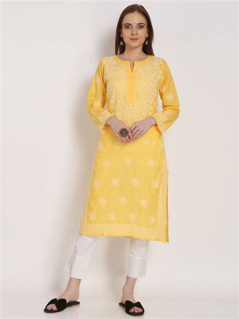 Yellow Chikankari Cotton Straight Kurta – Relaxed Cut – Paramount Chikan