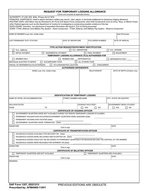DAF Form 1357 - Request for Temporary Lodging Allowance – Document Template