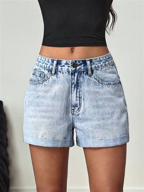 SHEIN Tall Tall Size Cuffed Distressed Washed Denim Shorts for Sale ...