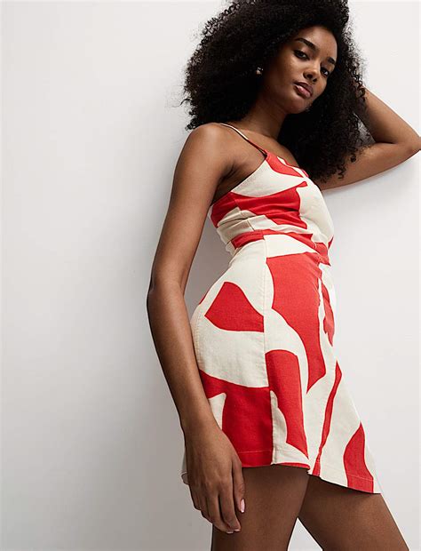Buy Linen Rich Printed Square Neck Strappy Mini Shift Dress at Marks ...