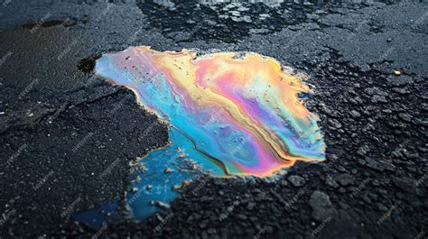 A rainbowcolored oil slick on a dark asphalt surface | Premium AI ...