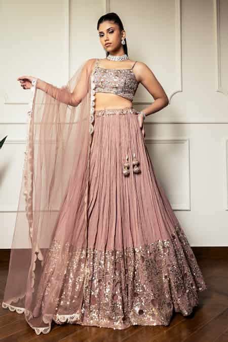 Buy Rose Gold Net, Georgette Sequins, Beads Round Embroidered Pleated ...