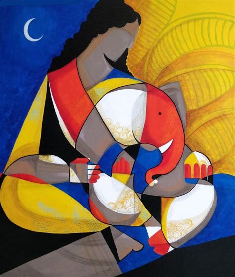 "Parvati Ganesh": Red Violet Mixed Media Painting by Satyendra Rane ...