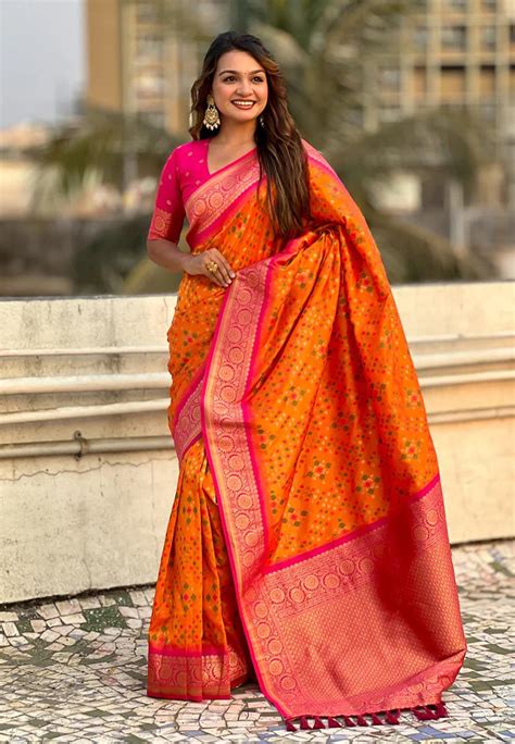Imbrication Orange Soft Silk Saree With Rhapsodic Blouse Piece ...