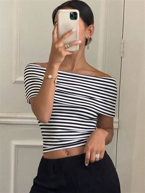 Livesso Summer Striped Off Shoulder Slim Fit Short Sleeve Women's T ...