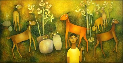 "Boy With Goats": Light Brown Oil Painting by Mohan Naik – ArtZolo.com