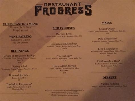 Menu at Restaurant Progress, Phoenix