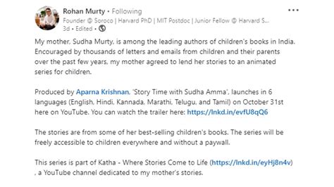 'Story Time With Sudha Amma': Kids Can Now Enjoy Animated Sudha Murty's ...