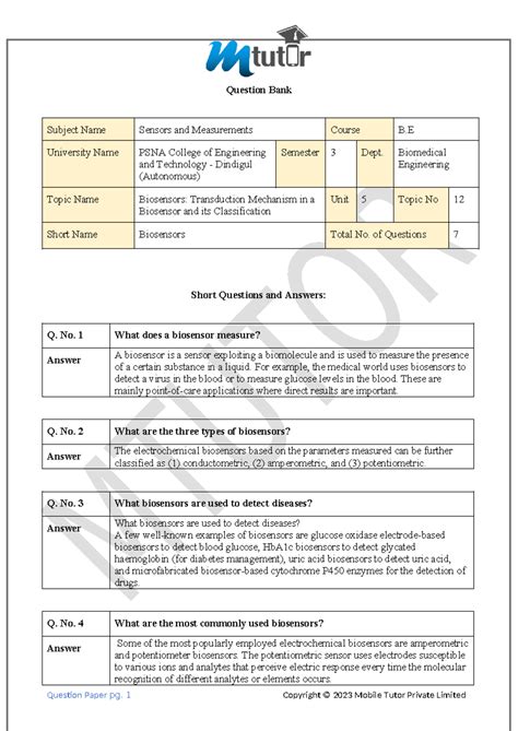 B.E. Semester 3 Q&A on Biosensors: Concepts & Classifications - Studocu