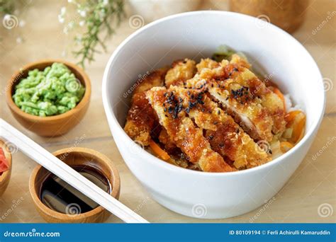 Japanese Food Chicken Katsu Don Served with Soy Sauce and Wasabi Stock ...