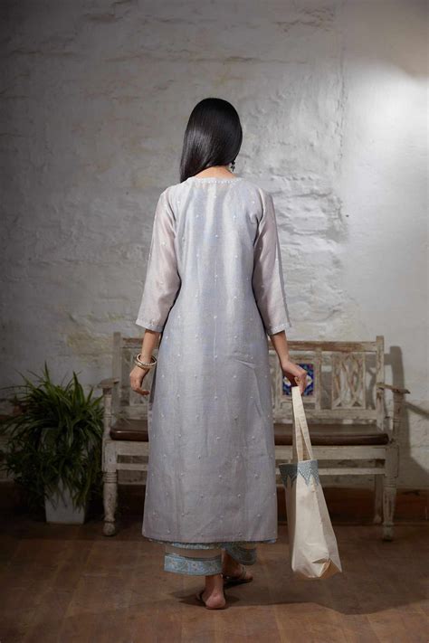 Grey straight double layer embroidered kurta set with printed slip ins ...