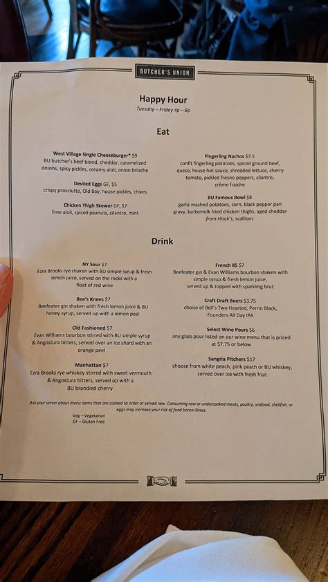 Menu at Butcher's Union pub & bar, Grand Rapids, 438 Bridge St NW