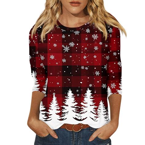 BDPORKAS Christmas Shirts for Women 3/4 Sleeve Christmas Women's Cute ...
