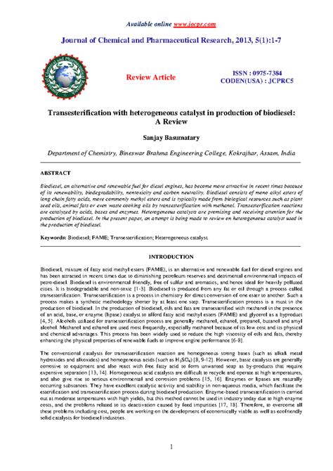 Transesterification with heterogeneous catalyst in production of ...