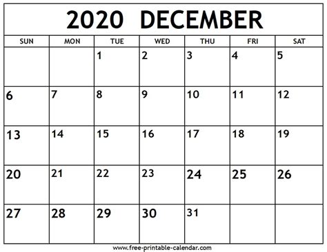 December 2020 Printable Calendar - Printable Word Searches