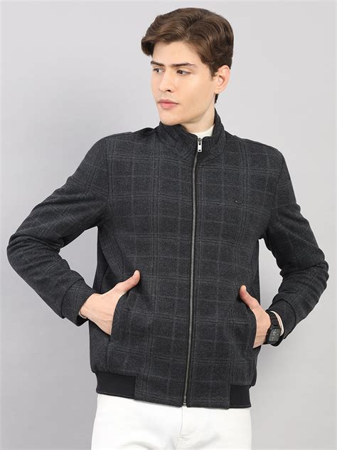 Buy Men Charcoal Check Stand Collar Full Sleeve Jacket Online in India ...