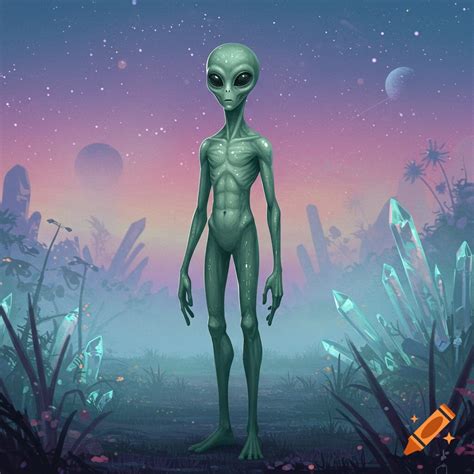 A tall, slender, greenish-grey alien standing on an alien planet with ...