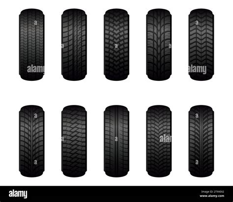 Car wheel tires of different tread marks types set isolated on white ...