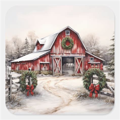 Beautiful Snowy Winter Rustic Red Barn Christmas Square Sticker | Zazzle | Barn pictures ... - painting of a barn