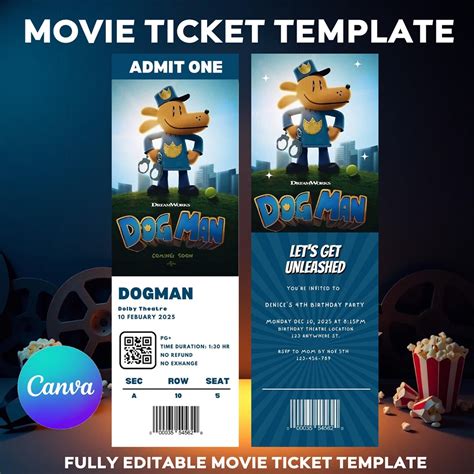 Dog Men Movie Ticket Template, Dog Man Movie Ticket Birthday Invitation ...