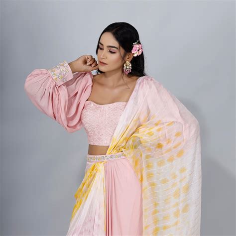 Pastel Pink Printed Draped Saree Set – Manisha Soni