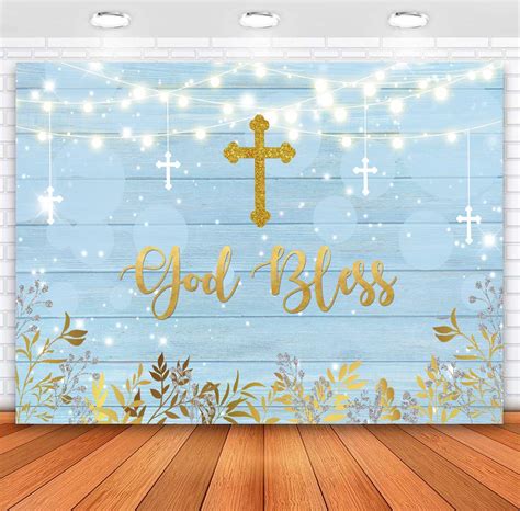 Sensfun Boy Baptism Backdrop God Bless Rustic Blue Wood Gold Leaves ...