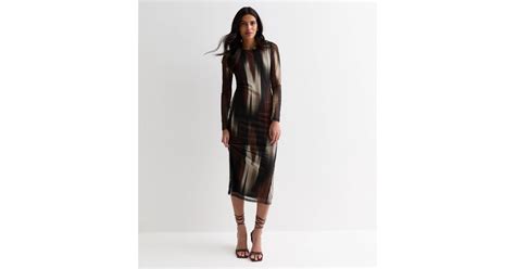 Brown Blur Print Mesh Bodycon Midi Dress | New Look