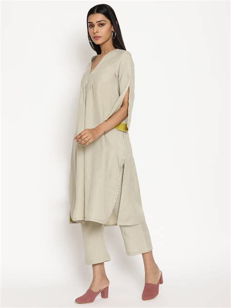 Cotton Linen Light Grey Flared Kurta Pant Set – trueBrowns