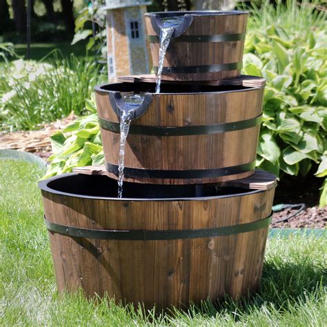 Sunnydaze Wood Barrel Water Fountain - 3-Tier Waterfall Fountain ...