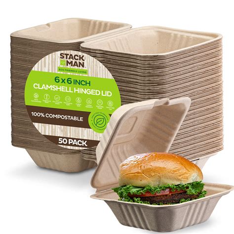Snapklik.com : 100% Compostable Clamshell Take Out Food Containers 6x6 ...