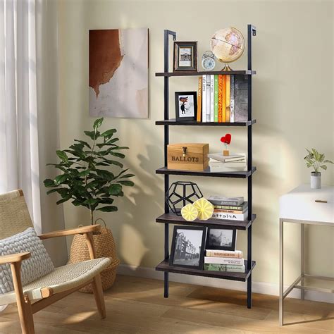 Buy 5 Tier Wall Mounted Ladder Shelf, Ladder Bookshelf with Metal Frame ...