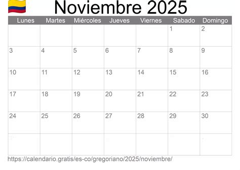 Calendario Noviembre 2025 de Colombia en español: Festivos y fase lunar