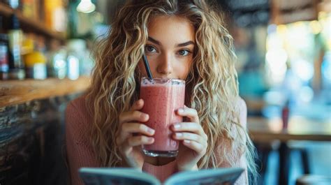 Woman with curly blonde hair enjoying a pink smoothie in a cafe ...