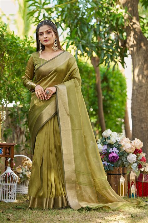 Buy Nature Green Tissue Woven Saree Online - MySilkLove