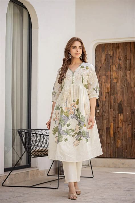 WOMEN'S OFF-WHITE BLACK COTTON AND YELLOW EMBROIDERED COORD SET ...