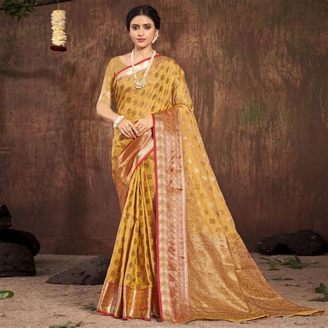 Yellow Woven Cotton Blend Saree