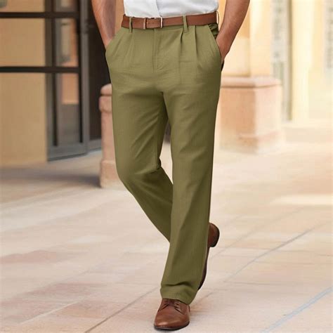 COSFO Green Men Pants Casual Straight Cotton Linen Trousers Relaxed Fit ...