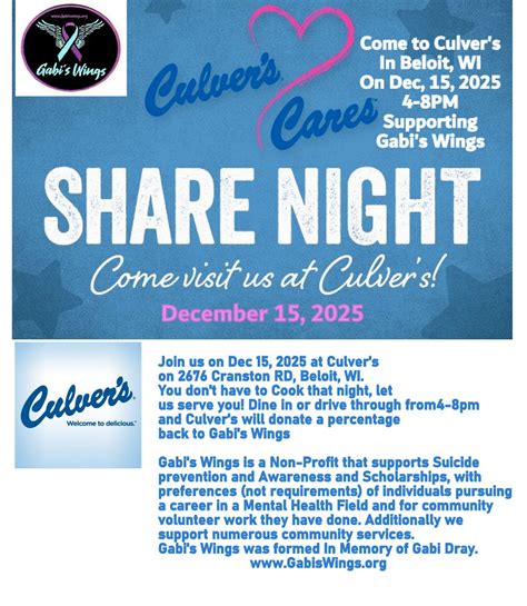 Culvers Share Night For Gabis Wings , Culver's (2676 Cranston Rd ...